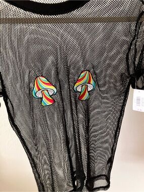 Spencer's Black Mesh Tee with Rainbow Mushroom Patches